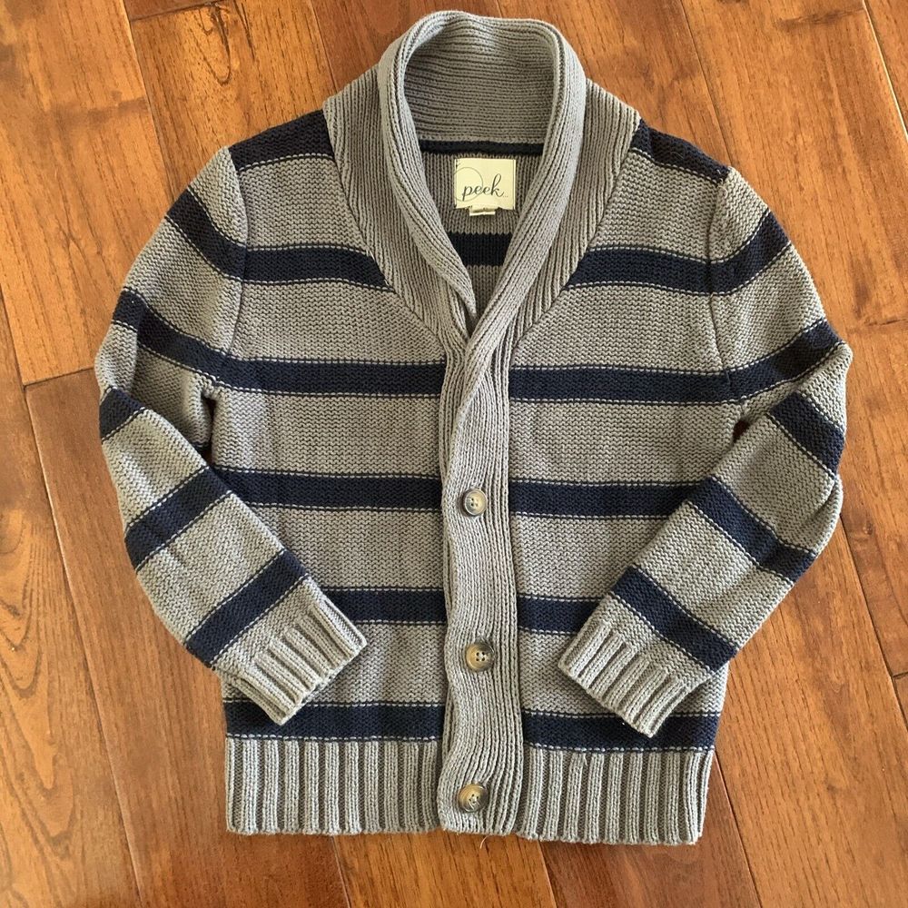 PEEK Sweater Boy's Size S (4-5) Grey Blue Stripe Button Up Shawl Collar Cotton